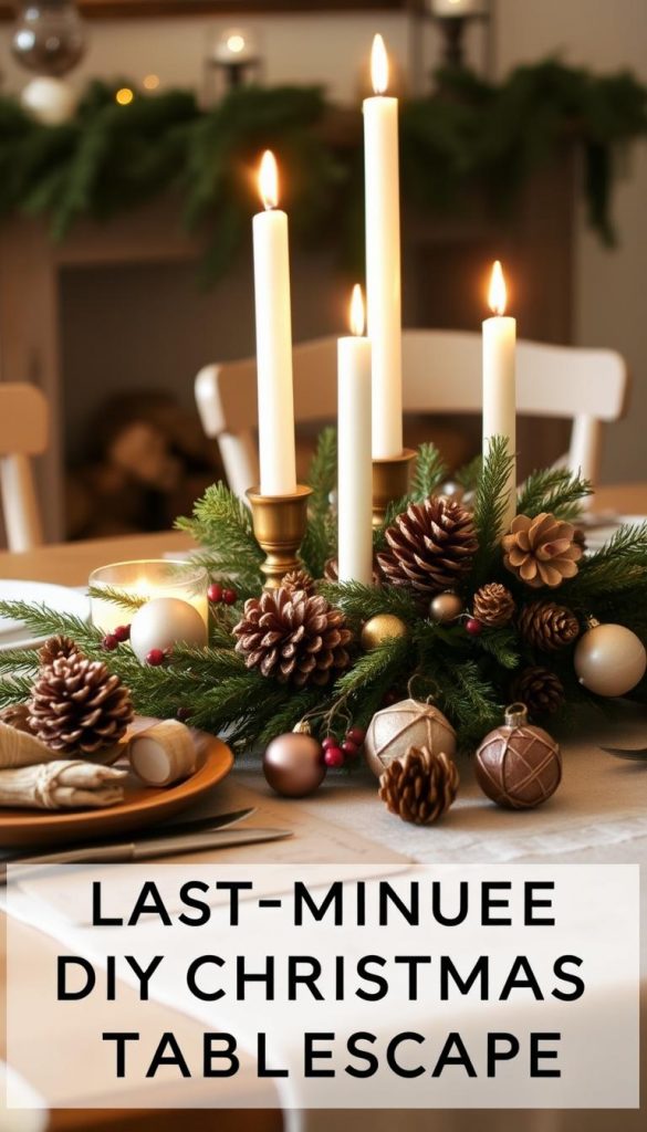 A cozy, rustic tabletop setting featuring a collection of natural, homemade elements. Soft candlelight illuminates a table adorned with a festive centerpiece of greenery, pinecones, and dried berries. Vintage-inspired decorations, such as handcrafted ornaments and a simple, minimalist table runner, evoke a warm, inviting atmosphere. The scene is bathed in a gentle, golden glow, capturing the essence of a last-minute, DIY-inspired Christmas tablescape that is both effortless and visually captivating.