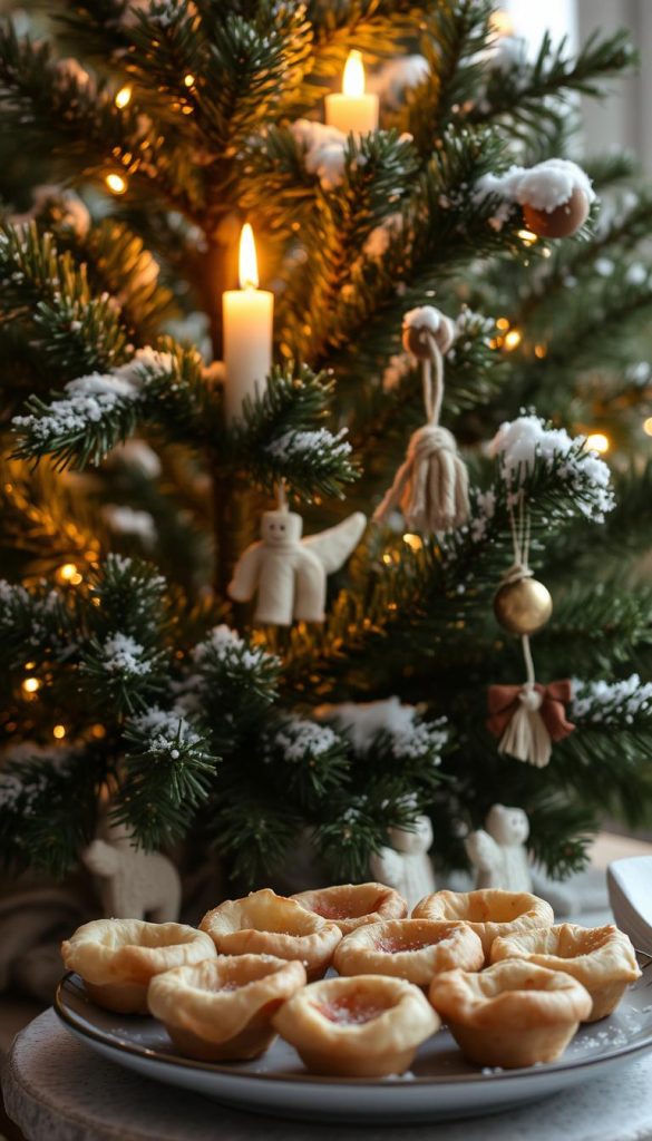 A cozy, rustic tannenbaum adorns the scene, its lush green boughs dusted with a light sprinkling of snow. Warm, glowing candlelight flickers from within, casting a soft, inviting glow. Delicate handmade ornaments in natural tones of wood and wool hang from the branches, adding a charming, homespun touch. In the foreground, a plate of freshly baked, winter-inspired appetizers - perhaps buttery, flaky pastries or savory bite-sized bites - beckons. The overall mood is one of KlickKiste's signature winter wonderland, exuding a sense of hygge and capturing the essence of this festive recipe feature.