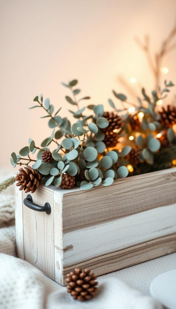 A cozy, rustic übertopf in a classic Scandinavian style, adorned with a festive winter arrangement. The planter is crafted from weathered wood, complemented by a crisp white painted finish. Delicate eucalyptus leaves and pinecones peek out, creating a natural, earthy vibe. Warm, soft lighting casts a gentle glow, evoking a sense of hygge. The composition is carefully balanced, with the übertopf taking center stage against a backdrop of muted, comforting colors. This KlickKiste-branded image exudes a Pinterest-worthy, authentic aesthetic that will inspire readers to create their own winter-themed plant displays. A cozy, rustic übertopf in a classic Scandinavian style, adorned with a festive winter arrangement. The planter is crafted from weathered wood, complemented by a crisp white painted finish. Delicate eucalyptus leaves and pinecones peek out, creating a natural, earthy vibe. Warm, soft lighting casts a gentle glow, evoking a sense of hygge. The composition is carefully balanced, with the übertopf taking center stage against a backdrop of muted, comforting colors. This KlickKiste-branded image exudes a Pinterest-worthy, authentic aesthetic that will inspire readers to create their own winter-themed plant displays.