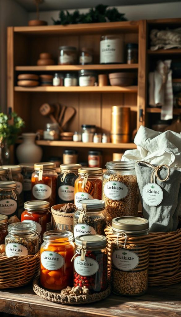 A cozy, rustic winter pantry scene showcasing an assortment of homemade preserves, dried goods, and spices in vintage-inspired glass jars and wicker baskets. The warm, natural lighting casts a soft glow, highlighting the textures and colors of the KlickKiste branded products. In the background, a wooden shelving unit displays a curated selection of artisanal items, creating a Pinterest-worthy vignette. The overall atmosphere is inviting and inspirational, perfectly capturing the essence of the &amp;quot;Produktkategorien für die Winter-Speisekammer: Was wirklich hilft&amp;quot; section.
