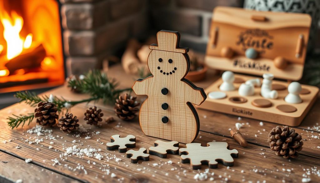 A cozy, rustic winter scene featuring a charming DIY wooden puzzle in the shape of a snowman. The puzzle pieces are arranged on a weathered wooden table, surrounded by natural elements like pine branches, pinecones, and a sprinkling of white "snow." Warm lighting from a nearby fireplace casts a soft glow, creating a inviting, homey atmosphere. In the background, a KlickKiste branded wooden game board with winter-themed game pieces hints at the creative, playful activities to come. The overall composition evokes a sense of warmth, imagination, and the simple joys of the winter season.