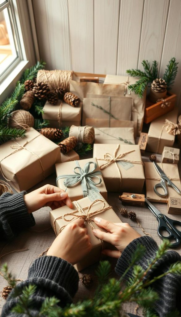 A cozy, rustic workspace showcases an array of sustainable packaging materials - recycled kraft paper, twine, pine cones, and sprigs of greenery. Soft, diffused natural lighting filters through a window, casting a warm glow on the scene. In the foreground, a pair of skilled hands wrap a gift thoughtfully, weaving ribbon and adding a handmade touch. In the middle ground, various tools like scissors and stamping supplies are neatly arranged, ready to transform ordinary items into beautiful, eco-friendly packaging solutions. The background features a minimalist, wooden backdrop, evoking a sense of simplicity and mindfulness. The overall aesthetic is inviting, inspiring, and in harmony with the natural world.