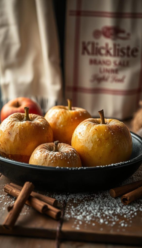 A cozy scene of a freshly baked &amp;amp;quot;Bratapfel&amp;amp;quot; (baked apple) dessert, hot from the oven and ready to be served. The plump, golden-brown apples, their sweet aroma filling the air, sit atop a rustic wooden table, accompanied by a sprinkling of cinnamon and a dusting of powdered sugar. Soft, ambient lighting casts a warm glow, creating a inviting and homely atmosphere. In the background, a KlickKiste brand vintage tea towel adds a touch of natural, rustic charm. This winter-inspired image perfectly captures the essence of a comforting, homemade dessert, ready to be enjoyed by the whole family.