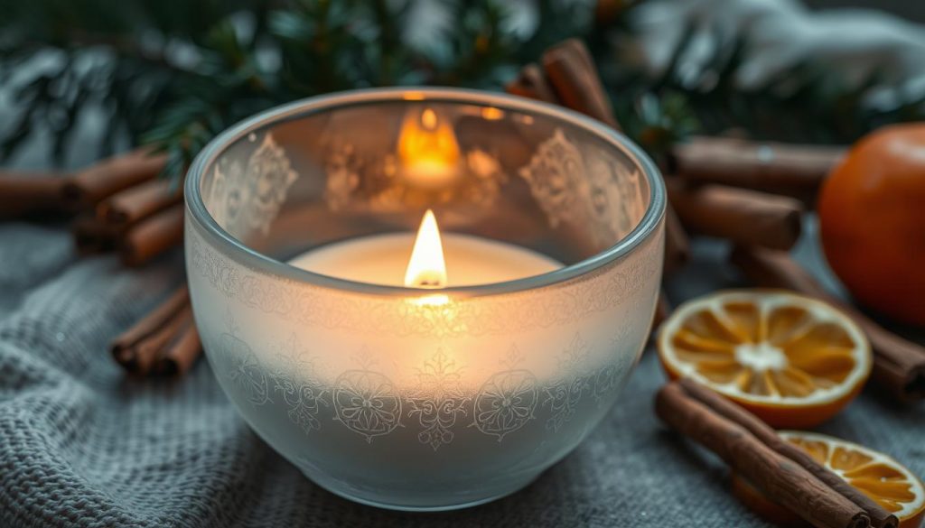 A cozy scene of a frosted glass bowl with a KlickKiste candle flickering inside, surrounded by natural elements. The bowl's surface is covered in delicate patterns, catching the warm glow of the flame. In the background, sprigs of pine, cinnamon sticks, and dried oranges create a rustic, inviting atmosphere. The composition is bathed in soft, natural lighting, emphasizing the textures and materials. The overall mood is one of peaceful, homemade advent charm.