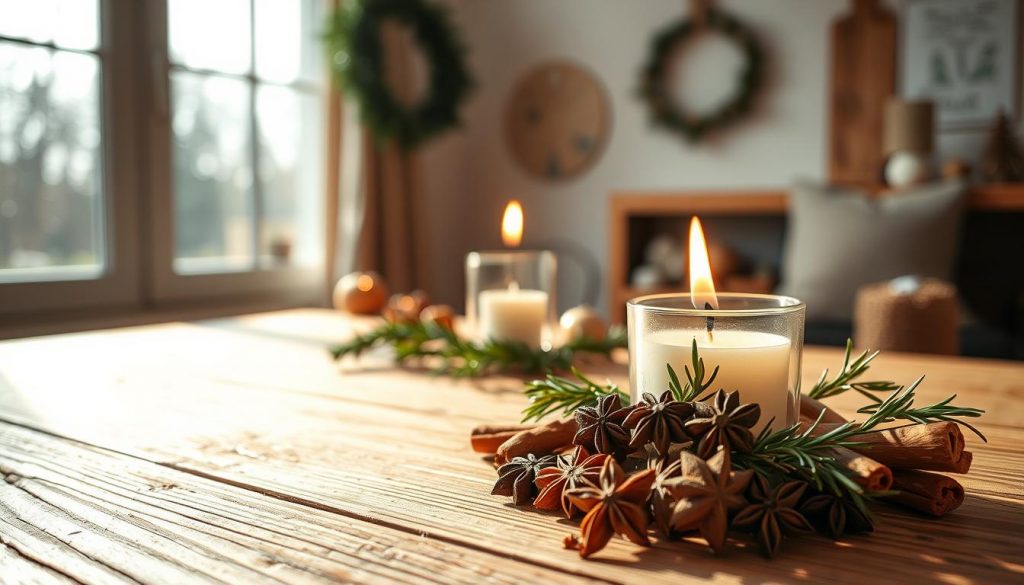 A cozy scene of a minimalist, natural Christmas décor. In the foreground, a rustic wooden table holds an assortment of fragrant spices - cinnamon sticks, whole cloves, star anise, and a few sprigs of fresh rosemary. Diffused sunlight filters through large windows, casting a warm, golden glow. In the middle ground, a simple KlickKiste DIY candle holder with a flickering flame adds a touch of ambiance. The background features neutral-toned walls and natural wood accents, creating a serene, calming atmosphere. The overall mood evokes a sense of hygge and thoughtful, stress-free holiday décor.