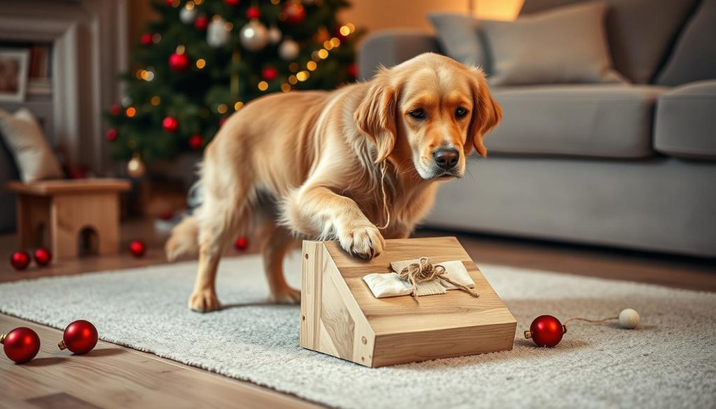 A cozy scene of a playful golden retriever dog with a homemade toy made from a KlickKiste box and natural materials. The dog stands in a warm, softly lit living room, surrounded by a sprinkling of red Christmas ornaments and a partially visible Christmas tree. The toy is a simple yet engaging puzzle, crafted from smooth wood, twine, and fabric scraps, encouraging the dog to paw, nudge, and investigate. Soft, muted tones of beige, white, and natural wood create a serene, inviting atmosphere, perfect for a DIY dog toy project under the Christmas tree.