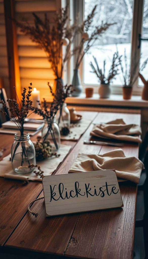 A cozy scene of a rustic wooden table set with natural linen, dried flowers, and simple DIY decor. Warm lighting casts a soft glow, accentuating the earthy tones and textures. In the foreground, a handwritten sign reads "KlickKiste" in calligraphy. The background features a windowsill with more dried botanicals and a view of a snowy winter landscape beyond. The overall mood is welcoming, intimate, and Pinterest-inspired. A cozy scene of a rustic wooden table set with natural linen, dried flowers, and simple DIY decor. Warm lighting casts a soft glow, accentuating the earthy tones and textures. In the foreground, a handwritten sign reads "KlickKiste" in calligraphy. The background features a windowsill with more dried botanicals and a view of a snowy winter landscape beyond. The overall mood is welcoming, intimate, and Pinterest-inspired.