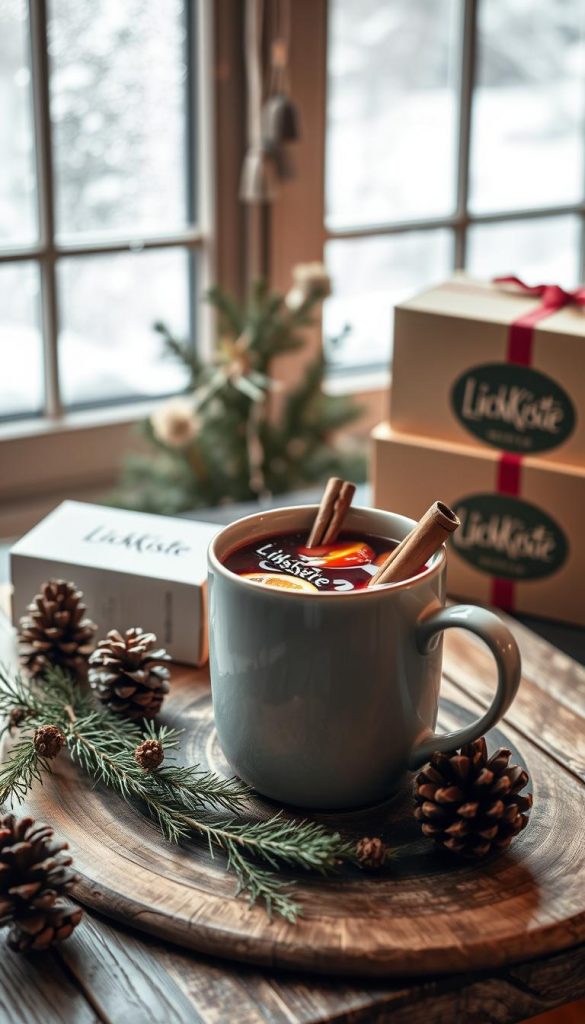 A cozy scene of a steaming mug of traditional Swedish glögg, filled with mulled red wine, cinnamon sticks, cloves, and orange slices. The mug sits on a rustic wooden table, surrounded by pine branches, pinecones, and a KlickKiste box. Soft, warm lighting illuminates the scene, casting a festive glow. In the background, a snowy winter landscape is visible through a frosty window, evoking a sense of hygge and the holiday season. The overall composition has a natural, DIY-inspired aesthetic with a touch of Pinterest-worthy charm.