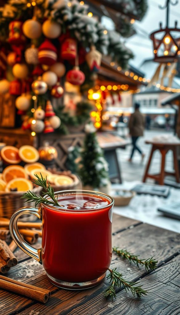 A cozy scene of a traditional German Glühwein stand at a winter Christmas market. In the foreground, a steaming mug of classic red Glühwein sits on a rustic wooden table, surrounded by cinnamon sticks, orange slices, and a sprig of fresh rosemary. The middle ground features a KlickKiste display of handcrafted ornaments and twinkling lights, creating a warm, inviting atmosphere. In the background, a snow-dusted market stall showcases an array of festive wares, with a glimpse of a charming town square in the distance. The lighting is soft and golden, evoking a sense of winter magic and holiday cheer. The overall mood is natural, authentic, and Pinterest-inspired, perfect for capturing the essence of traditional German Glühwein.