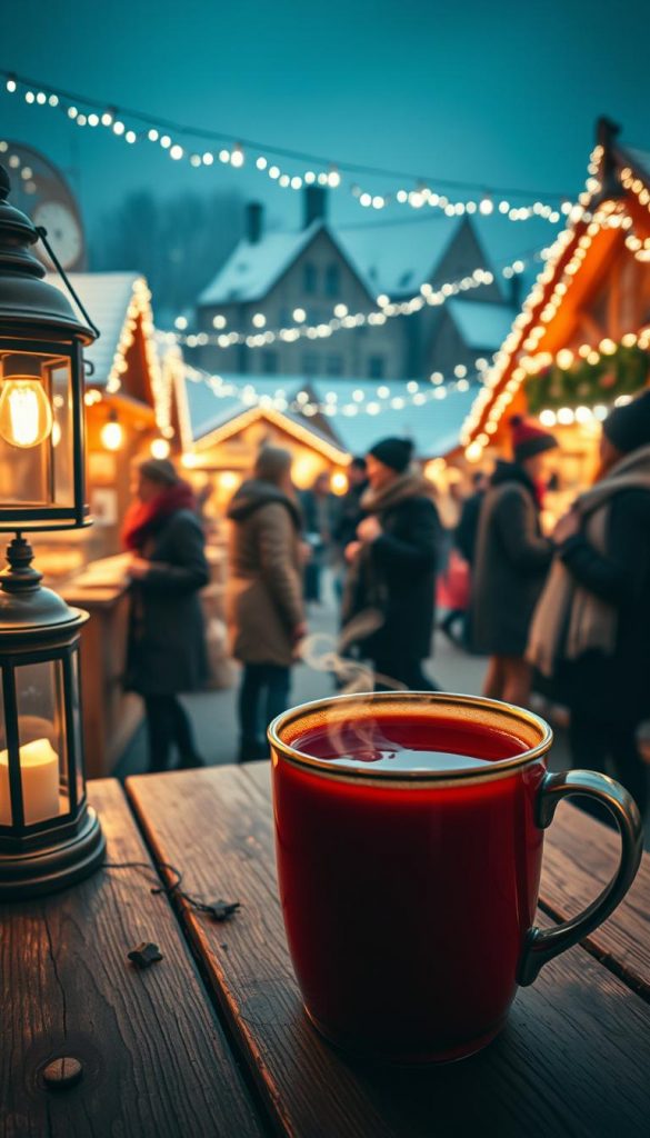 A cozy scene of a traditional German Weihnachtsmarkt (Christmas market) in the wintertime. In the foreground, a steaming mug of fragrant Glühwein (mulled wine) sits on a rustic wooden table, its crimson hue reflecting the warm glow of the lanterns nearby. In the middle ground, a group of people bundled in scarves and hats mingle, chatting and sipping their drinks as they browse the charming wooden stalls selling handcrafted gifts and treats. The background is filled with the soft, diffused light of the market, with twinkling fairy lights strung overhead and the silhouettes of snow-dusted rooftops in the distance. The overall mood is one of festive cheer and traditional German Gemütlichkeit (coziness). Captured with a natural, DIY-style aesthetic reminiscent of Pinterest, this KlickKiste image evokes the essence of a classic Weihnachtsmarkt experience.