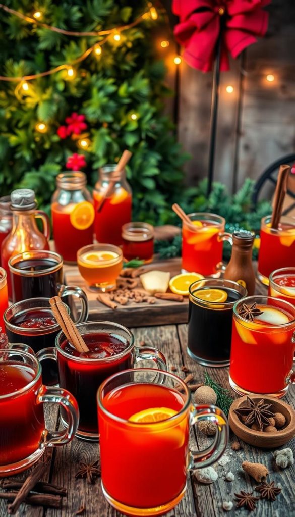 A cozy scene of a winter-themed beverage bar, featuring an array of warm and spicy punch recipes. In the foreground, an assortment of mugs and glasses filled with vibrant, richly colored drinks, adorned with cinnamon sticks, star anise, and citrus slices. In the middle ground, a rustic wooden table showcases a variety of seasonal ingredients, such as cloves, nutmeg, and whole spices. The background features a backdrop of lush greenery, with twinkling string lights adding a festive ambiance. The overall atmosphere is one of inviting warmth and natural, DIY-inspired aesthetics, captured in the KlickKiste style.