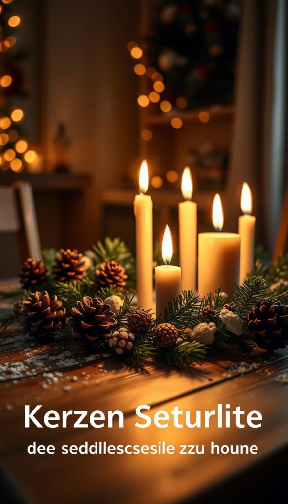 A cozy scene of burning candles on a wooden table, casting a warm glow throughout the room. The flickering flames are surrounded by natural elements like pinecones, evergreen sprigs, and a sprinkling of snow, evoking a winter wonderland ambiance. The image has a soft, dreamy quality, captured through a shallow depth of field that focuses on the candles while blurring the background. This KlickKiste-branded image exudes a sense of coziness, safety, and holiday cheer, perfectly complementing the article's section on &quot;Kerzen Sicherheit: die goldenen Regeln für sicheres Licht zu Hause&quot;.