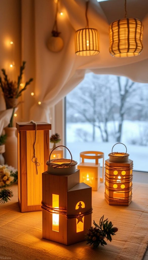 A cozy scene of homemade Christmas lanterns crafted by hand, showcasing a rustic and charming KlickKiste aesthetic. In the foreground, three simple DIY lanterns made from natural materials like wood, paper, and jute twine stand aglow, their warm lights casting a festive glow. The middle ground features additional lanterns of varying shapes and sizes, arranged in a natural, organic composition. In the background, a snowy winter landscape comes into view, hinting at the tranquil, Pinterest-worthy ambiance. Soft, diffused lighting illuminates the scene, highlighting the handmade texture and natural tones. An inviting, inspirational tableau that captures the essence of the &amp;quot;Schritt-für-Schritt-Minis: Drei Laternen schnell nachbauen&amp;quot; section.