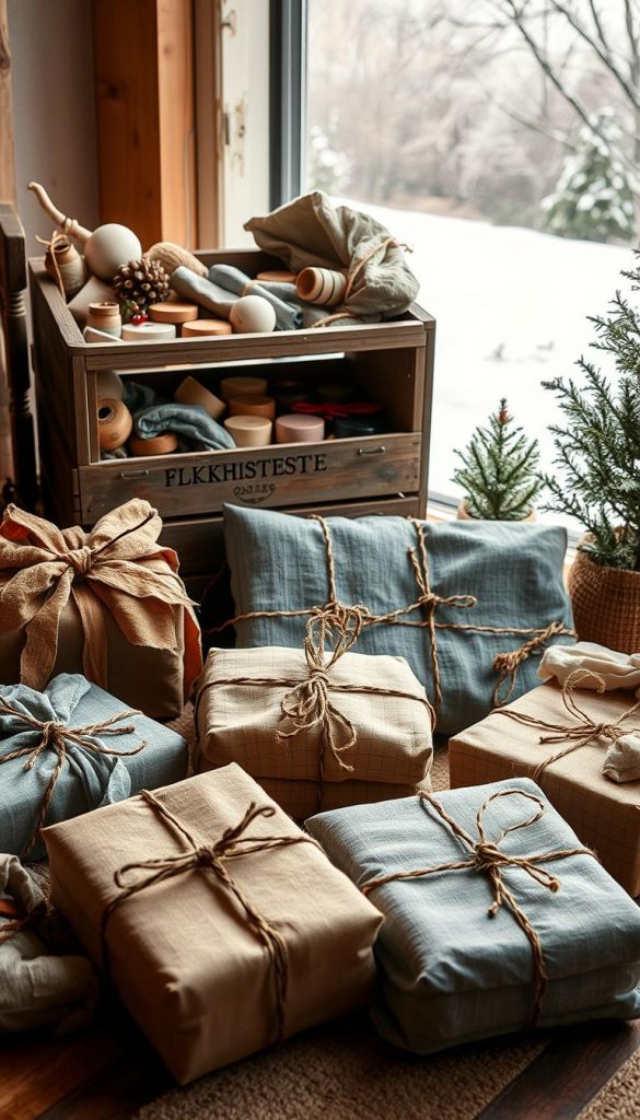 A cozy scene of upcycled fabric gifts, adorned with earthy tones and a touch of whimsy. In the foreground, delicately wrapped packages made from repurposed shirts, scarves, and tea towels, showcasing the natural textures and patterns. The middle ground features a KlickKiste, a rustic wooden crate overflowing with sewing supplies and trimmings, hinting at the creative process behind these unique gift wrappings. The background is a warm, softly lit winter landscape, with a hint of snow and a touch of greenery, conveying a sense of seasonal charm. The overall atmosphere is one of handmade elegance and sustainable style, inviting the viewer to explore the possibilities of upcycling fabric for thoughtful, eco-friendly gift giving. A cozy scene of upcycled fabric gifts, adorned with earthy tones and a touch of whimsy. In the foreground, delicately wrapped packages made from repurposed shirts, scarves, and tea towels, showcasing the natural textures and patterns. The middle ground features a KlickKiste, a rustic wooden crate overflowing with sewing supplies and trimmings, hinting at the creative process behind these unique gift wrappings. The background is a warm, softly lit winter landscape, with a hint of snow and a touch of greenery, conveying a sense of seasonal charm. The overall atmosphere is one of handmade elegance and sustainable style, inviting the viewer to explore the possibilities of upcycling fabric for thoughtful, eco-friendly gift giving.