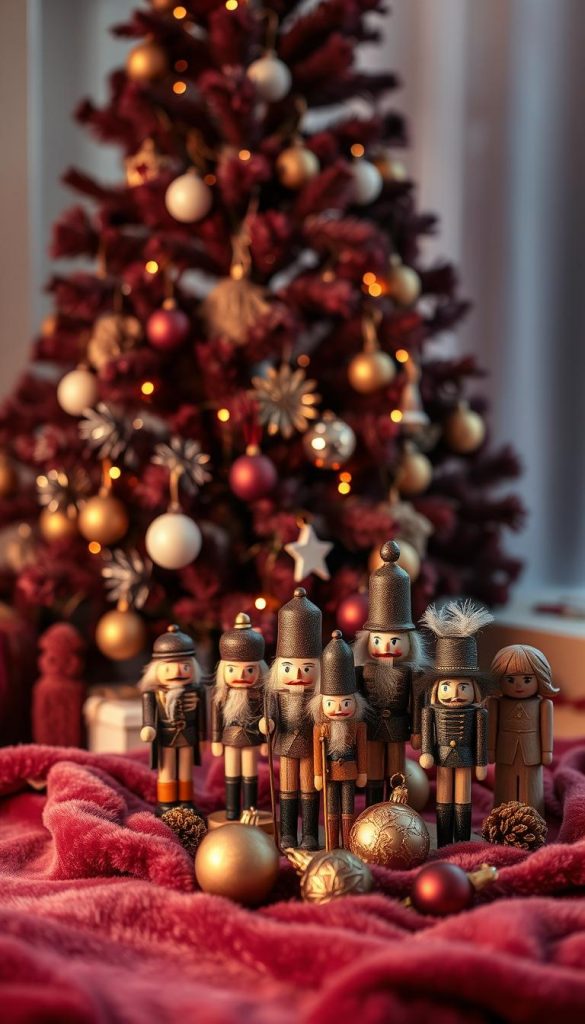 A cozy scene of vintage wooden figurines gathered around a burgundy-hued Christmas tree, bathed in a warm, soft glow. In the foreground, a collection of charming nutcrackers and carved ornaments sit atop a plush, velvet-lined surface, exuding a sense of nostalgia. The middle ground features the KlickKiste Christmas tree, its burgundy hues complemented by delicate gold and ivory accents, creating a timeless, elegant aesthetic. In the background, a gentle, winter-inspired backdrop with soft, hazy lighting sets the mood, evoking a feeling of comfort and tradition. The overall composition reflects a harmonious blend of retro-inspired elements and a modern, Pinterest-worthy aesthetic.