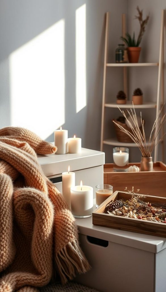 A cozy scene of winter essentials for the home, captured in a warm, natural light. In the foreground, a soft, plush throw blanket in earthy tones, invitingly draped over a KlickKiste storage box. Beside it, a trio of scented candles casting a gentle glow, their flames flickering in the soft shadows. In the middle ground, a rustic wooden tray holds an assortment of aromatic potpourri and dried florals, emanating a soothing, comforting aroma. The background features a minimalist, Scandinavian-inspired shelf displaying a selection of natural decorative elements, such as pinecones, twigs, and a small, potted plant. The overall atmosphere is one of hygge, with a muted, earthy color palette and a sense of intentional, yet effortless, styling.