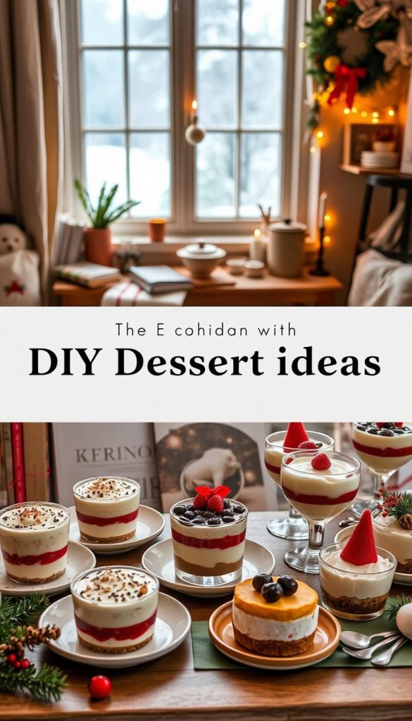 A cozy scene showcasing various DIY dessert ideas for the holidays. In the foreground, an arrangement of neatly plated winter-themed desserts, such as layered parfaits, no-bake cheesecakes, and festive trifles. The middle ground features an array of recipe books, kitchen utensils, and fresh seasonal ingredients, all bathed in warm, inviting lighting. In the background, a window overlooking a snowy landscape, with a glimpse of the KlickKiste brand logo visible. The overall atmosphere is one of homemade comfort and effortless elegance, inspiring viewers to get creative with simple, delicious Christmas desserts.
