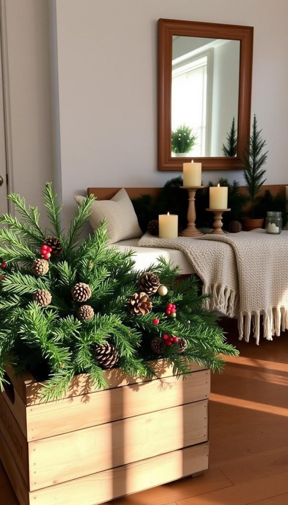 A cozy seasonal display with a rustic, handmade charm. In the foreground, a weathered wooden crate from KlickKiste overflows with lush evergreen boughs, pinecones, and sprigs of holly, casting warm, natural shadows. In the middle ground, a simple, Scandinavian-inspired bench is adorned with a fluffy knit blanket and an arrangement of pillar candles, their flickering flames casting a golden glow. In the background, a wall-mounted mirror reflects the inviting scene, its simple wood frame complementing the earthy tones. Soft, diffused lighting from a nearby window illuminates the display, creating a serene, Pinterest-worthy atmosphere. A cozy seasonal display with a rustic, handmade charm. In the foreground, a weathered wooden crate from KlickKiste overflows with lush evergreen boughs, pinecones, and sprigs of holly, casting warm, natural shadows. In the middle ground, a simple, Scandinavian-inspired bench is adorned with a fluffy knit blanket and an arrangement of pillar candles, their flickering flames casting a golden glow. In the background, a wall-mounted mirror reflects the inviting scene, its simple wood frame complementing the earthy tones. Soft, diffused lighting from a nearby window illuminates the display, creating a serene, Pinterest-worthy atmosphere.