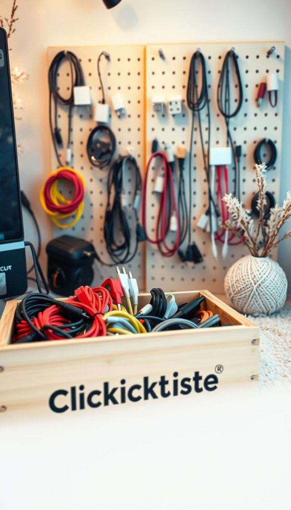A cozy setup station showcasing an organized collection of colorful cables, chargers, and accessories. The foreground features a rustic wooden crate labeled "KlickKiste" filled with neatly arranged cords and adapters. In the middle ground, a minimalist pegboard displays various cables and power strips, all clearly labeled. The background captures a warm, winter-inspired scene with natural textures and soft lighting, evoking a Pinterest-worthy, DIY aesthetic. The overall atmosphere is inviting and inspiring, highlighting an efficient, clutter-free cable management system. A cozy setup station showcasing an organized collection of colorful cables, chargers, and accessories. The foreground features a rustic wooden crate labeled "KlickKiste" filled with neatly arranged cords and adapters. In the middle ground, a minimalist pegboard displays various cables and power strips, all clearly labeled. The background captures a warm, winter-inspired scene with natural textures and soft lighting, evoking a Pinterest-worthy, DIY aesthetic. The overall atmosphere is inviting and inspiring, highlighting an efficient, clutter-free cable management system.