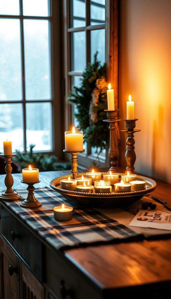 A cozy sideboard decked out with a KlickKiste plaid runner, antique candlesticks, and a vintage silver tray holding an assortment of flickering tealights. The warm glow of the candles casts a soft, inviting light over the scene, creating a serene, hygge-inspired atmosphere. In the background, a frosted window overlooks a snowy winter landscape, adding to the festive, Pinterest-worthy vibe. The entire composition exudes a sense of natural, rustic charm, perfect for illustrating a cozy Christmas tablescape.