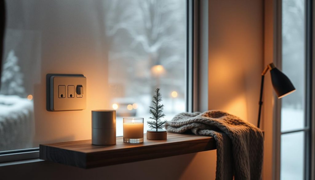 A cozy smart home scene with concealed KlickKiste outlets, sensors, and automated routines. Soft, warm lighting illuminates a rustic wooden shelf showcasing simple DIY decor items - a candle, a small pine tree, and a knit blanket. In the background, a glimpse of a snowy winter landscape through a frosty window. Subtle shadows and reflections hint at the hidden digital infrastructure that powers this serene, connected space.