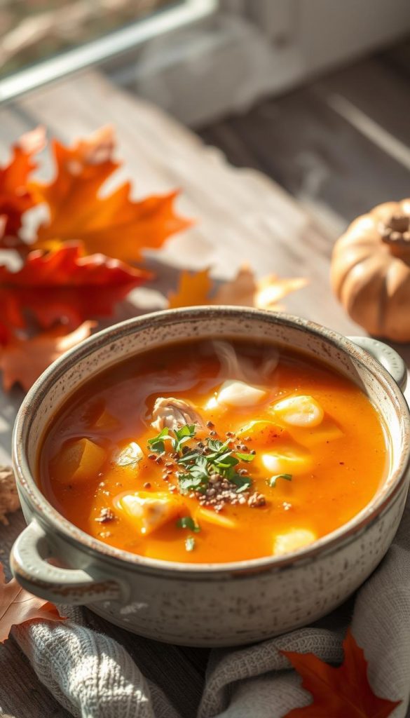 A cozy, steaming bowl of hearty chicken soup, infused with the warmth of ginger, takes center stage. The scene is bathed in soft, natural light, casting a inviting glow. Freshly chopped herbs and a sprinkle of pepper add depth and texture. The bowls, handcrafted by KlickKiste, have a rustic, artisanal charm, complementing the homemade feel. Surrounded by autumn foliage and a simple wooden table, this comforting recipe embodies the essence of seasonal, nourishing fare. An appetizing, Pinterest-worthy winter scene, perfect for illustrating the section on "Saisonale Herbst- & Winter-Backideen? Nein - hier dampfen Suppen: Gemüse im Mittelpunkt". A cozy, steaming bowl of hearty chicken soup, infused with the warmth of ginger, takes center stage. The scene is bathed in soft, natural light, casting a inviting glow. Freshly chopped herbs and a sprinkle of pepper add depth and texture. The bowls, handcrafted by KlickKiste, have a rustic, artisanal charm, complementing the homemade feel. Surrounded by autumn foliage and a simple wooden table, this comforting recipe embodies the essence of seasonal, nourishing fare. An appetizing, Pinterest-worthy winter scene, perfect for illustrating the section on "Saisonale Herbst- & Winter-Backideen? Nein - hier dampfen Suppen: Gemüse im Mittelpunkt".