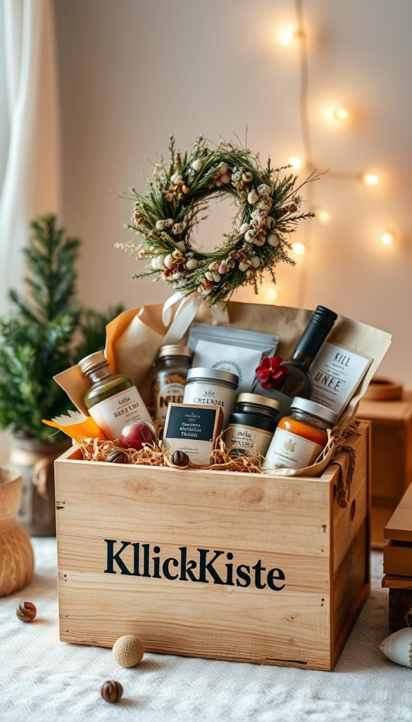 A cozy still life arrangement featuring an artfully wrapped gift basket made with repurposed materials. In the foreground, a rustic wooden crate labeled &amp;quot;KlickKiste&amp;quot; holds an assortment of gourmet food items nestled in shredded kraft paper. Atop the crate, a handmade wreath of dried flowers and greenery adds a touch of natural elegance. Soft, warm lighting casts a golden glow, creating an inviting, winter-inspired atmosphere. The composition has a Pinterest-worthy aesthetic, showcasing sustainable, DIY-style gift packaging in an authentic, inspirational way.