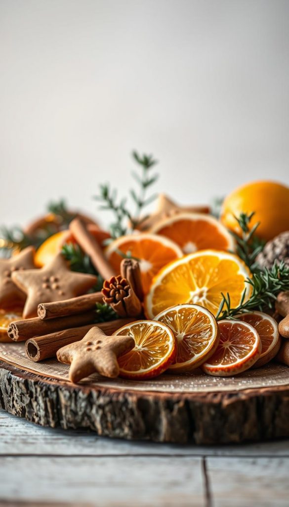 A cozy still life arrangement featuring natural, edible decorations for a festive winter display. In the foreground, an assortment of gingerbread cookies, cinnamon sticks, and sliced citrus fruits artfully arranged on a rustic wooden surface. Warm, ambient lighting casts a soft, golden glow, enhancing the inviting, homemade aesthetic. In the middle ground, a few sprigs of fresh greenery, such as pine or eucalyptus, add a touch of woodland charm. The background showcases a minimal, white backdrop, allowing the organic textures and vibrant hues to take center stage. Captured with a shallow depth of field, creating a dreamy, KlickKiste-inspired visual. The overall mood is warm, inviting, and perfectly suited for a winter-themed coffee table or side table display.