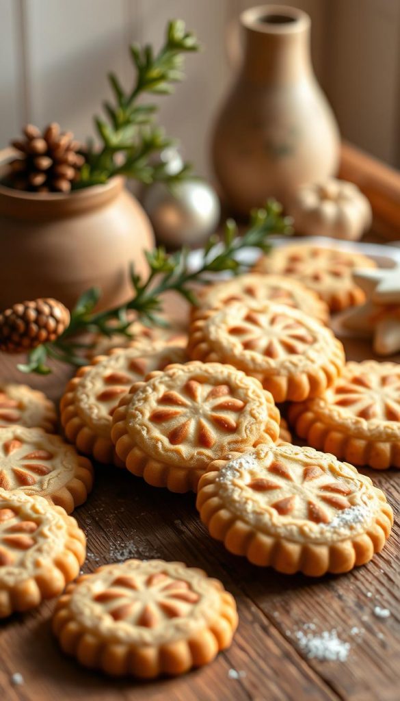 A cozy still life arrangement of delightful vegan &quot;butterplätzchen&quot; cookies, freshly baked and arranged artfully on a rustic wooden surface. Warm, golden lighting casts a soft glow, highlighting the intricate patterns and delicate texture of the homemade treats. In the background, a sprig of fresh greenery and a touch of seasonal decor add a festive, homey atmosphere. The overall scene evokes a sense of winter comfort and wholesome, family-friendly indulgence. Photographed with a natural, authentic KlickKiste-inspired aesthetic.