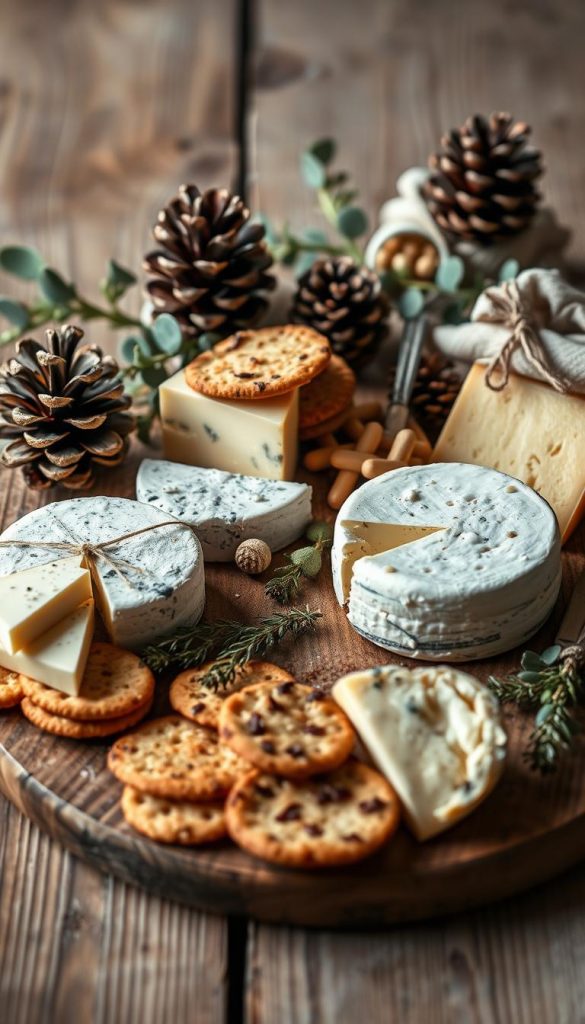 A cozy still life arrangement of homemade "mitbringsel" or edible gifts for cheese lovers and snack enthusiasts. On a rustic wooden surface, a selection of artisanal cheeses, crackers, and savory baked goods are displayed against a backdrop of pinecones, eucalyptus sprigs, and soft, natural lighting. The composition evokes a warm, winter-inspired ambiance with muted, earthy tones, perfectly capturing the mood and theme of the article's "herzhafte Mitbringsel" section. The image has a handcrafted, Pinterest-worthy aesthetic that feels authentic and inspiring. A cozy still life arrangement of homemade "mitbringsel" or edible gifts for cheese lovers and snack enthusiasts. On a rustic wooden surface, a selection of artisanal cheeses, crackers, and savory baked goods are displayed against a backdrop of pinecones, eucalyptus sprigs, and soft, natural lighting. The composition evokes a warm, winter-inspired ambiance with muted, earthy tones, perfectly capturing the mood and theme of the article's "herzhafte Mitbringsel" section. The image has a handcrafted, Pinterest-worthy aesthetic that feels authentic and inspiring.