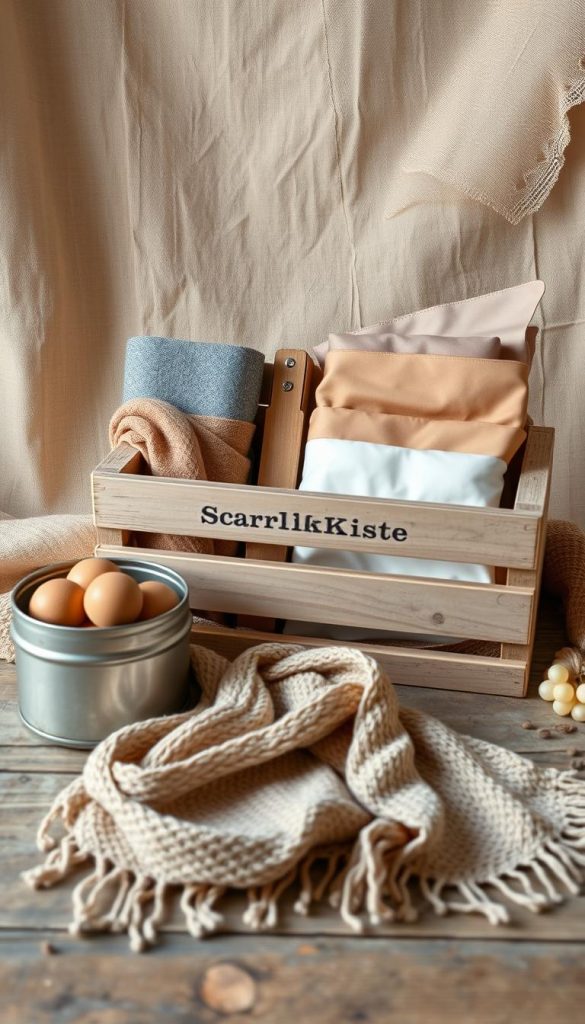 A cozy still life arrangement showcasing a range of KlickKiste accessories for scarf care and storage. In the foreground, a soft knitted scarf is delicately draped over a weathered wooden surface, accompanied by a vintage-inspired metal tin filled with cedar balls. In the middle ground, a rustic wooden crate displays an assortment of satin-lined scarf organizers and scarf clips in earthy tones. The background features a textured linen fabric in a warm, muted palette, creating a serene, winter-inspired ambiance. Soft, natural lighting illuminates the scene, highlighting the natural materials and evoking a sense of handcrafted, DIY charm.
