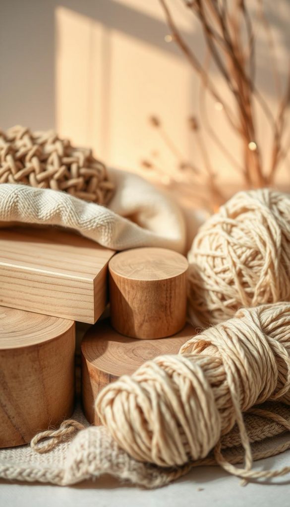 A cozy still life arrangement showcasing a variety of natural materials - smooth wooden blocks, soft woven fabric, and strands of natural fiber yarn. The scene is bathed in warm, ambient lighting, creating a inviting, hygge-inspired atmosphere. Textures and tones evoke a sense of handmade craftsmanship, hinting at the creative potential of these simple, sustainable materials. The overall composition has a rustic, yet elegant aesthetic, exuding a calming, winter-inspired vibe that would be well-suited for a DIY holiday gift guide.