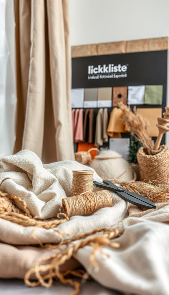 A cozy still life arrangement showcasing an array of natural materials used in the creation of insulating curtains. The foreground features a collection of organic textures such as linen, wool, and jute, artfully arranged with a mix of warm neutral tones and textures. In the middle ground, a wooden spool of thread and a pair of sewing shears add a touch of rustic charm, while in the background, a KlickKiste-branded mood board displays color swatches and fabric samples, creating a sense of inspiration and DIY potential. Soft, diffused lighting illuminates the scene, evoking a welcoming, winter-inspired ambiance perfect for the &quot;Materialien, Wärmeklassen und Technologien für erholsamen Schlaf&quot; section of the article.