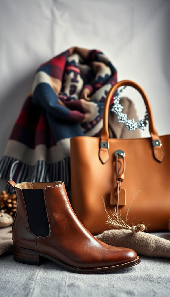 A cozy still life capturing the essence of winter fashion. In the foreground, a pair of stylish leather ankle boots, their gleaming surface reflecting the soft light. Beside them, a structured handbag in a warm, earthy tone, its clean lines and supple texture inviting touch. In the middle ground, an array of delicate accessories – a scarf in a bold, festive pattern, a pair of knitted gloves, and a shimmering statement necklace. The background features a subtle, natural backdrop, evoking a sense of rustic elegance. Soft, diffused lighting casts a gentle glow, creating an atmosphere of understated luxury and holiday cheer.