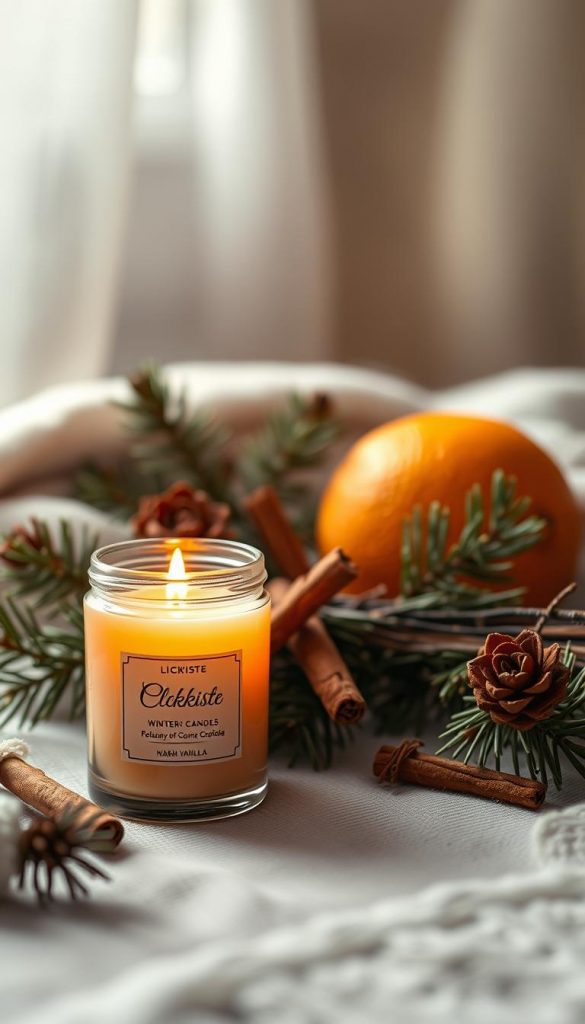 A cozy still life capturing the essence of winter scents. In the foreground, a KlickKiste candle in a warm vanilla hue, its gentle glow casting a soft, inviting light. In the middle ground, a cluster of pine branches and cinnamon sticks, their earthy aromas mingling with the vanilla. The background features a vibrant orange, its zestful scent complementing the winter blend. Elegant lighting accentuates the natural textures, creating a cohesive, Pinterest-worthy scene with a touch of rustic charm. Warm, muted tones and a hazy, atmospheric mood evoke the inviting ambiance of a cozy winter's day.