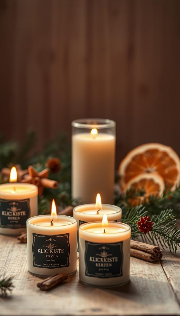 A cozy still life composition featuring docht wachs kerzen (wax candles with wicks) from the KlickKiste brand. The candles are arranged in the foreground, their warm, flickering flames casting a soft, golden glow. In the middle ground, a scattering of pine branches, cinnamon sticks, and dried orange slices create a rustic, winter-inspired backdrop. The background is blurred, hinting at a wooden surface or shelf, with the overall scene bathed in a natural, moody lighting. The image conveys a sense of hygge and the comforting aroma of vanilla, fir, and citrus, perfectly suited to illustrate the &amp;quot;Tipps, Fehlerbehebung &amp;amp; Sicherheit beim Kerzen gießen&amp;quot; section of the article.