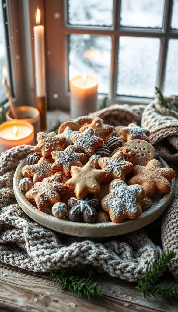 A cozy still life featuring an artfully arranged plätzchenteller overflowing with a mix of traditional German Christmas cookies and innovative modern flavors. The plate is made of natural, rustic ceramic, set against a backdrop of soft knitted textures, flickering candlelight, and gently falling snow visible through a frosty window. Warm, earthy tones and a sense of homemade authenticity evoke the comfort and nostalgia of the holiday season. Delicate snowflake patterns, a sprinkling of powdered sugar, and a few scattered pine sprigs add elegant touches. The overall mood is hygge-inspired, inviting the viewer to savor the delicious treats and be transported to a winter wonderland.