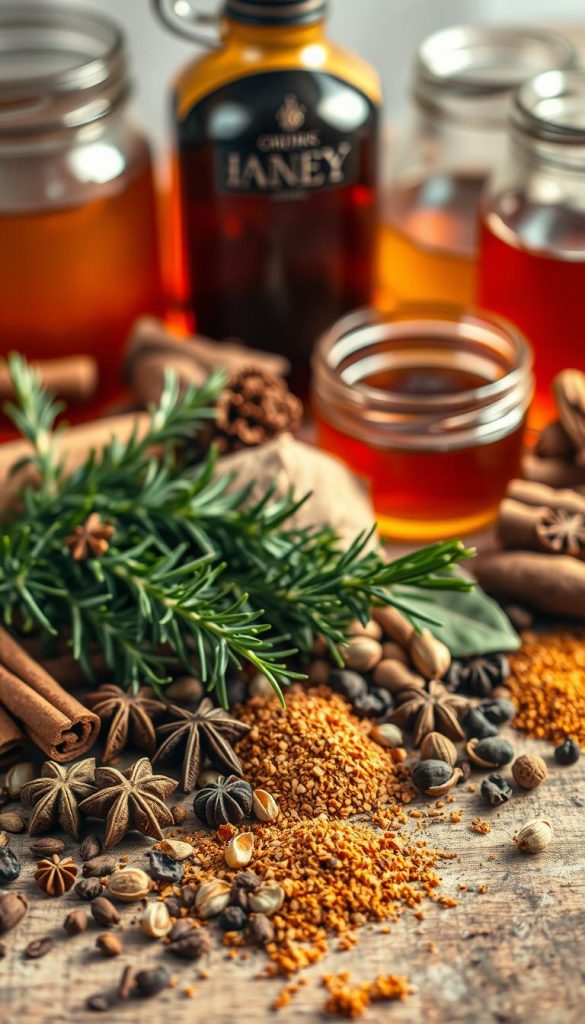 A cozy still life featuring an assortment of aromatic spices and herbs arranged on a rustic wooden surface. In the foreground, a selection of whole and ground spices such as cinnamon sticks, star anise, cloves, and cardamom pods are scattered artfully. In the middle ground, fresh sprigs of rosemary, thyme, and bay leaves add pops of green to the composition. Behind them, glass jars filled with honey, maple syrup, and other winter elixirs create a sense of depth and warmth. The lighting is soft and diffused, casting a golden glow over the scene and evoking the cozy atmosphere of a homemade winter drink. The overall mood is one of natural simplicity, inviting the viewer to imagine the flavors and aromas of these soothing, handcrafted ingredients. A cozy still life featuring an assortment of aromatic spices and herbs arranged on a rustic wooden surface. In the foreground, a selection of whole and ground spices such as cinnamon sticks, star anise, cloves, and cardamom pods are scattered artfully. In the middle ground, fresh sprigs of rosemary, thyme, and bay leaves add pops of green to the composition. Behind them, glass jars filled with honey, maple syrup, and other winter elixirs create a sense of depth and warmth. The lighting is soft and diffused, casting a golden glow over the scene and evoking the cozy atmosphere of a homemade winter drink. The overall mood is one of natural simplicity, inviting the viewer to imagine the flavors and aromas of these soothing, handcrafted ingredients.