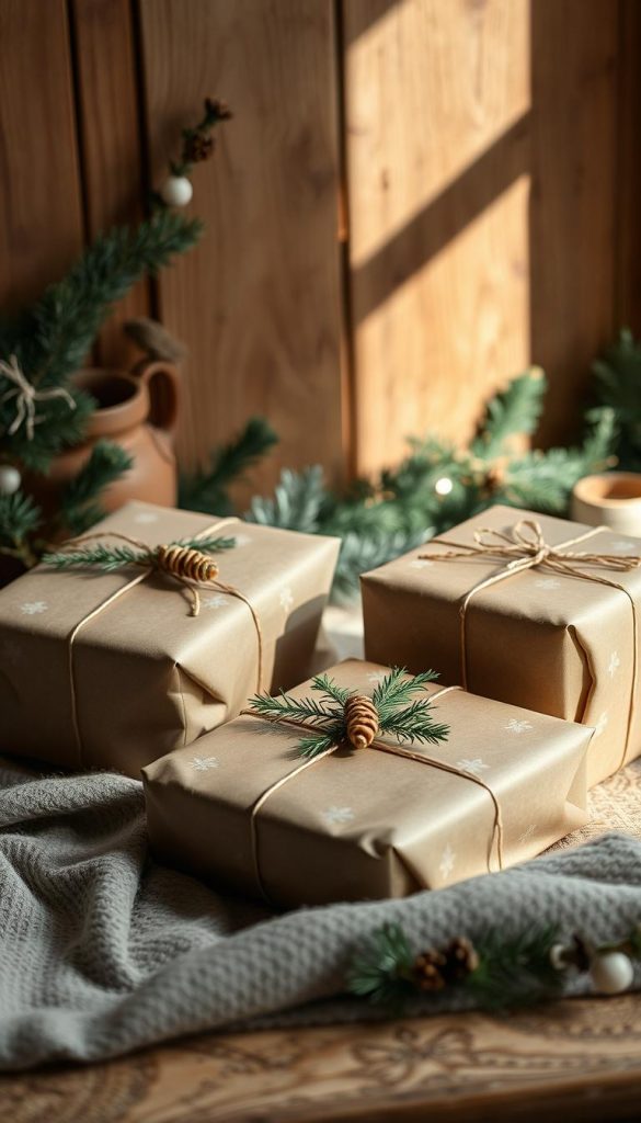 A cozy still life featuring neatly packaged parcels with festive accents, set against a warm, rustic backdrop. Soft natural lighting illuminates the scene, casting gentle shadows and highlighting the tactile textures of the materials. Muted earth tones and a touch of greenery create a serene, hygge-inspired ambiance, evoking a sense of winter wonder and holiday cheer. The arrangement conveys a welcoming, homespun aesthetic, inviting the viewer to imagine the joy of sending and receiving these carefully curated gifts.