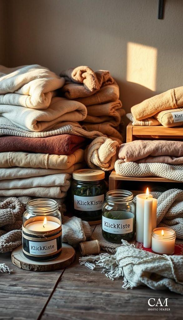 A cozy still life featuring recycled materials for the home, bathed in warm winter lighting. Piles of earthy-toned textiles, wooden crates and jars labeled &quot;KlickKiste&quot;, soft throws, and a candle flickering on a rustic tabletop. Muted colors, natural textures, and a sense of handcrafted authenticity create a calming, Pinterest-inspired scene. The camera captures the arrangement from a slightly elevated angle, highlighting the layered composition and inviting the viewer to imagine cozying up by the fire.