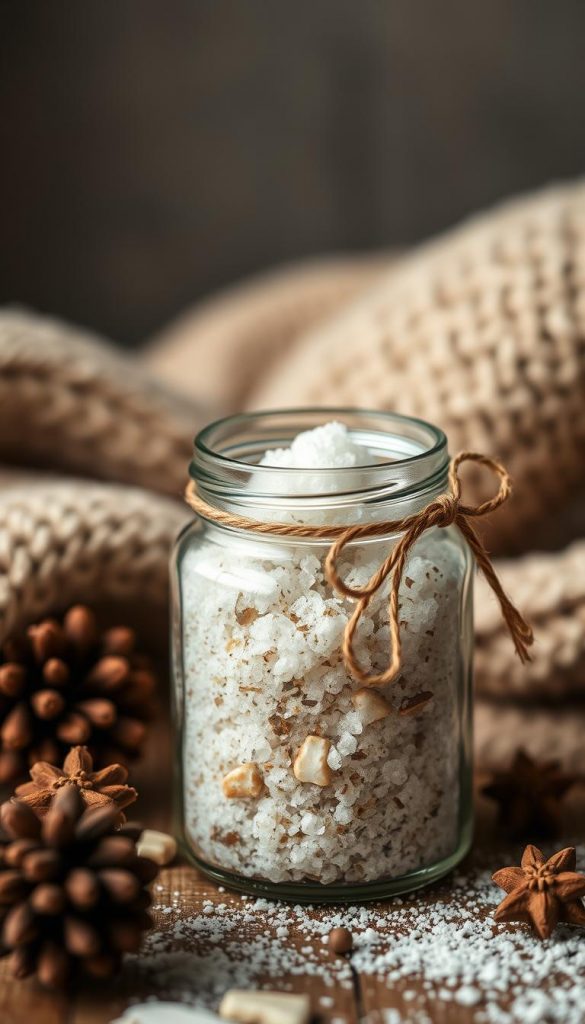 A cozy still life of a small glass jar filled with natural, handcrafted bath salts or scrub, set against a backdrop of warm winter textures. Soft, muted lighting illuminates the delicate glass, highlighting the rustic, earthy tones of the contents. Subtle details like a ribbon or natural fibers add a touch of homemade charm. The overall composition conveys a sense of relaxation, self-care, and the simple pleasures of a mini-wellness experience, perfect for a thoughtful, budget-friendly gift. A cozy still life of a small glass jar filled with natural, handcrafted bath salts or scrub, set against a backdrop of warm winter textures. Soft, muted lighting illuminates the delicate glass, highlighting the rustic, earthy tones of the contents. Subtle details like a ribbon or natural fibers add a touch of homemade charm. The overall composition conveys a sense of relaxation, self-care, and the simple pleasures of a mini-wellness experience, perfect for a thoughtful, budget-friendly gift.