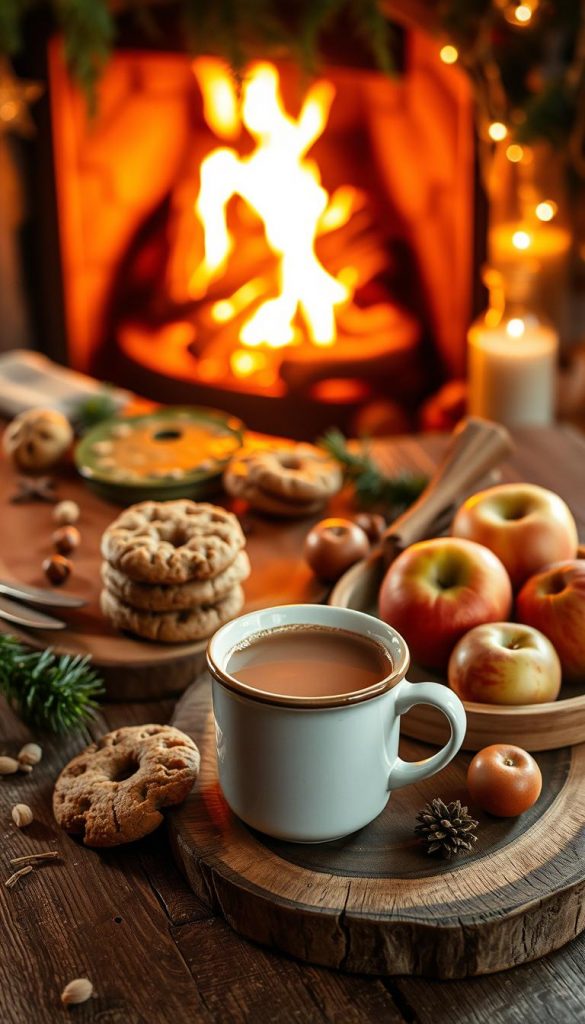 A cozy still life of festive &amp;amp;quot;Nasch- &amp;amp;amp; Trinkfreuden&amp;amp;quot; by the brand KlickKiste. The scene features a rustic wooden table with an assortment of artisanal treats - hot cocoa in a ceramic mug, a stack of homemade cookies, and a selection of seasonal fruits. Warm lighting from a nearby fireplace casts a soft glow, creating a inviting winter ambiance. The composition is styled in a natural, Pinterest-inspired way, with touches of greenery and natural textures. The overall mood is one of simple pleasures and wholesome indulgence.