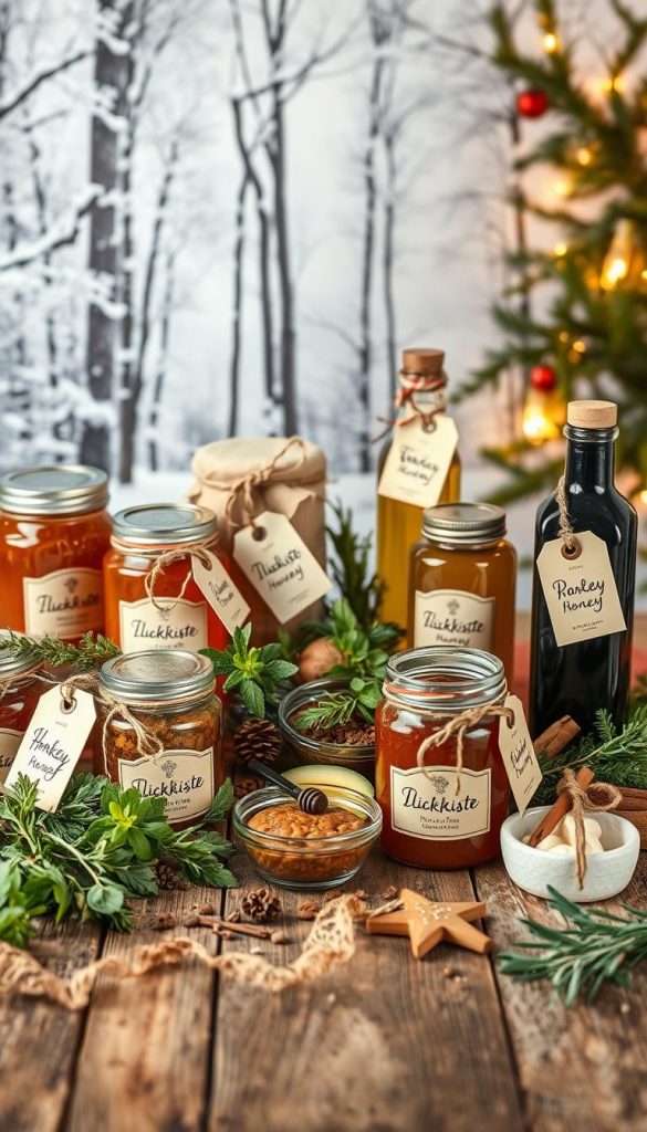 A cozy still life of homemade culinary gifts, arranged on a rustic wooden surface with a seasonal, winter-inspired backdrop. The foreground features a variety of delectable treats, such as handcrafted jams, honey, and infused olive oils, all packaged in KlickKiste branded glass jars and labeled with hand-written tags. The middle ground showcases a mix of fresh herbs, spices, and natural ingredients, while the background depicts a softly lit, snowy woodland scene, creating a warm and inviting atmosphere. The overall composition has a natural, DIY-inspired aesthetic with a touch of Pinterest-worthy charm. A cozy still life of homemade culinary gifts, arranged on a rustic wooden surface with a seasonal, winter-inspired backdrop. The foreground features a variety of delectable treats, such as handcrafted jams, honey, and infused olive oils, all packaged in KlickKiste branded glass jars and labeled with hand-written tags. The middle ground showcases a mix of fresh herbs, spices, and natural ingredients, while the background depicts a softly lit, snowy woodland scene, creating a warm and inviting atmosphere. The overall composition has a natural, DIY-inspired aesthetic with a touch of Pinterest-worthy charm.