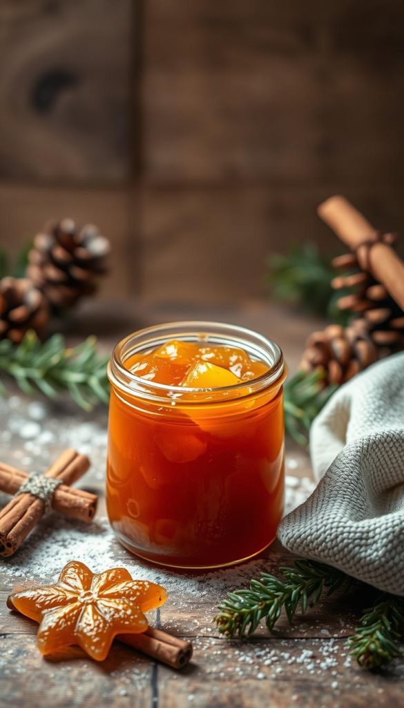 A cozy still life of homemade marmalade in a glass jar, nestled in a winter-inspired scene. Soft, warm lighting illuminates the rich, amber-hued preserve, its texture evoking the comforting taste of homemade treats. In the background, a rustic wooden surface is adorned with sprigs of pine, cinnamon sticks, and a dusting of powdered sugar, creating a natural, Pinterest-worthy aesthetic. The overall mood is one of hygge, evoking the feeling of handcrafted gifts and the joy of the holiday season. A cozy still life of homemade marmalade in a glass jar, nestled in a winter-inspired scene. Soft, warm lighting illuminates the rich, amber-hued preserve, its texture evoking the comforting taste of homemade treats. In the background, a rustic wooden surface is adorned with sprigs of pine, cinnamon sticks, and a dusting of powdered sugar, creating a natural, Pinterest-worthy aesthetic. The overall mood is one of hygge, evoking the feeling of handcrafted gifts and the joy of the holiday season.