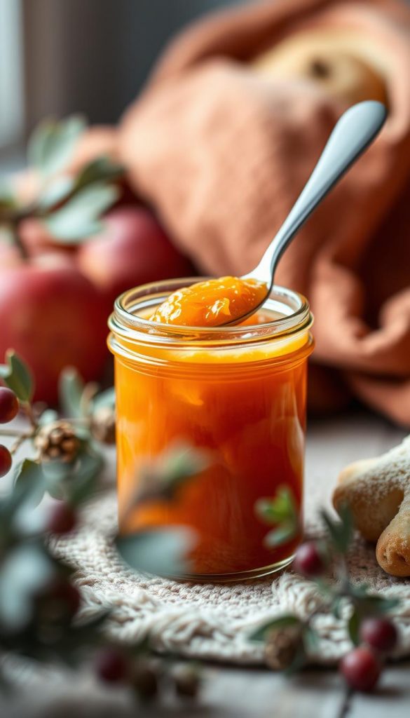 A cozy still life of homemade marmelade in a rustic glass jar, set against a backdrop of warm winter textures. The soft focus highlights the vibrant orange hue and glistening surface of the preserve, as if just spooned from a freshly opened jar. Blurred foliage and a hint of natural light add a sense of artisanal authenticity, invoking the aroma of baked pastries and a cozy kitchen. A moody, intimate mood with a touch of Scandinavian hygge, capturing the essence of fruit meeting flaky crust.