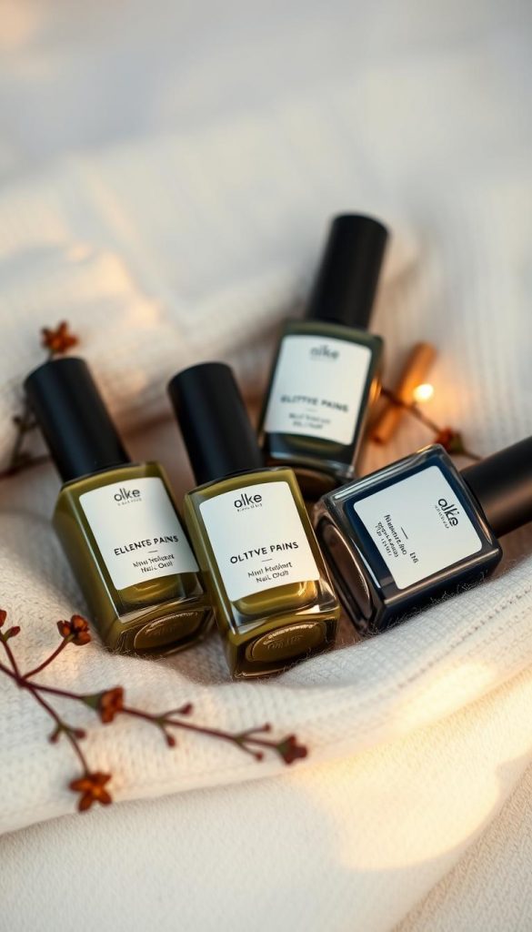 A cozy still life of olive, moss, and navy nail polish bottles resting on a soft, textured surface. The bottles are bathed in warm, diffused lighting, creating a sense of intimacy and coziness. The composition is arranged in a visually appealing manner, with the bottles slightly angled and the labels facing the viewer. The background is a neutral, off-white tone, allowing the colors of the nail polish to pop. The overall mood is one of natural, homemade beauty and the winter season. The image has a distinct KlickKiste aesthetic, with a Pinterest-inspired, authentic and inspirational feel.
