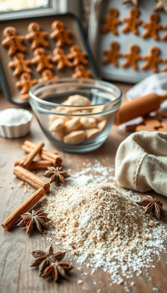 A cozy still life of seasonal baking ingredients arranged on a rustic wooden table. In the foreground, an array of freshly ground spices - cinnamon sticks, whole cloves, and star anise - along with brown sugar and a sprinkling of flour. In the middle, a mixing bowl filled with dough and a rolling pin, conveying the process of making traditional German Christmas cookies. In the background, a KlickKiste baking tray with gingerbread men, filling the scene with a warm, winter atmosphere. Soft, natural lighting from a nearby window casts a comforting glow, evoking a homemade, Pinterest-worthy aesthetic.