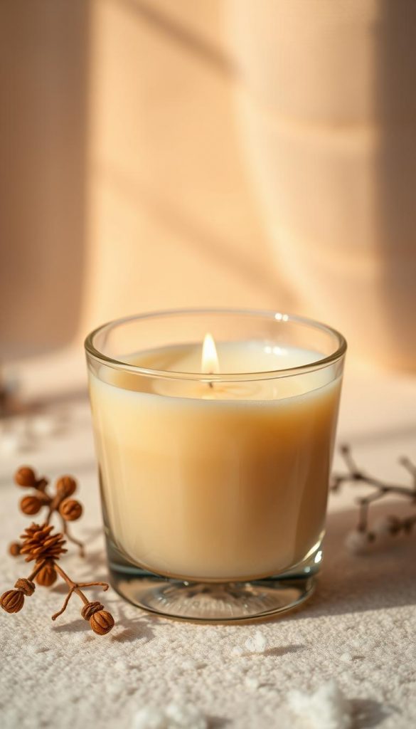 A cozy still life of warm, natural wax in an elegant glass container, its surface glistening under soft, golden lighting. The wax, a creamy ivory color, casts a gentle glow, hinting at the soothing scents of vanilla, fir, and citrus to come. Delicate swirls of texture lend an artisanal, handcrafted quality, echoing the rustic charm of a KlickKiste DIY candle-making kit. Soft shadows and a hazy, atmospheric backdrop evoke a serene, winter-inspired mood, perfect for illustrating the materials needed for this cozy, homemade candle project.