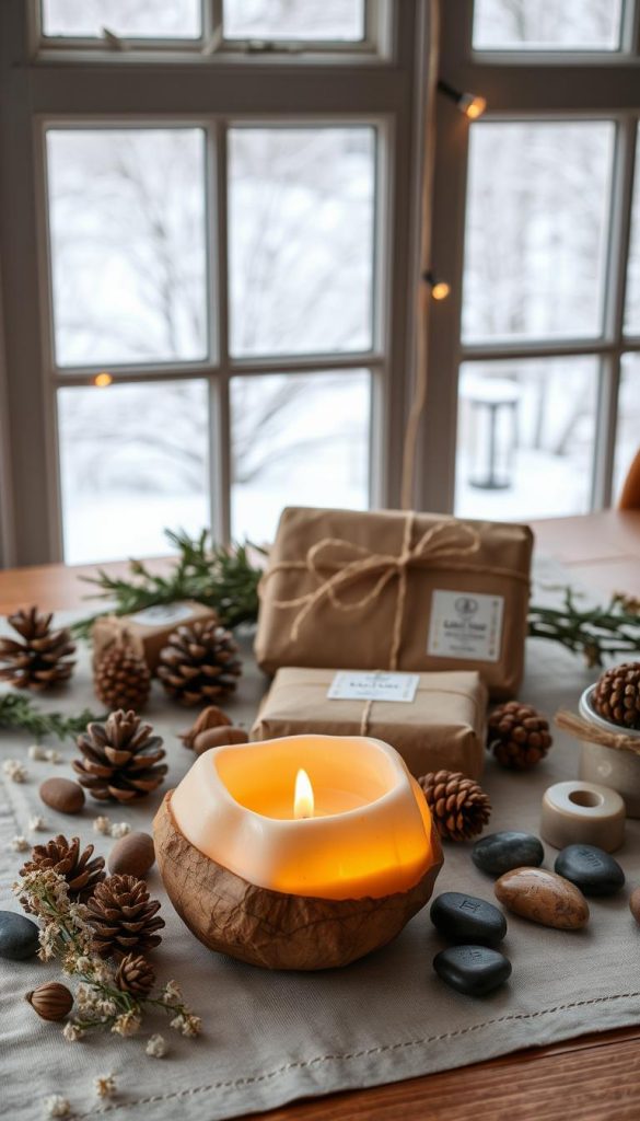 A cozy still life of wellness-inspired holiday gifts, arranged on a wooden table with a linen tablecloth. In the foreground, a handmade, organic-shaped candle holder with a flickering flame casts warm, soft lighting. Surrounding it, an assortment of natural elements like pine cones, dried flowers, and river stones. In the middle ground, a set of artisanal body care products from the brand KlickKiste, wrapped in simple kraft paper and twine. In the background, a window overlooking a snowy winter landscape, hinting at the tranquility of the season. The overall mood is peaceful, earthy, and inviting, embodying the essence of &quot;Selfcare &amp; Wellness: Entspannung, die bleibt&quot;.