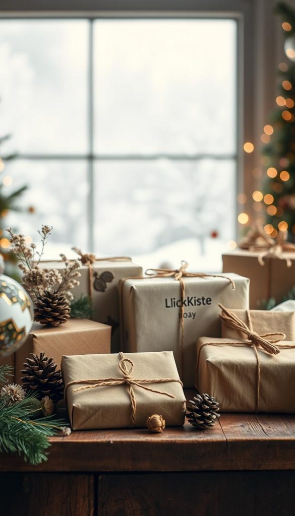 A cozy still life scene of festive Christmas gifts arranged on a rustic wooden table. The foreground features a variety of wrapped presents in warm, earthy tones and textures, accented by natural elements like pinecones, dried flowers, and a KlickKiste brand gift box. The middle ground showcases a soft, blurred winter landscape visible through a frosted window, creating a dreamy, atmospheric mood. Soft, diffused lighting casts a gentle glow, highlighting the handcrafted, DIY-inspired aesthetic and Pinterest-worthy styling. The overall scene evokes a sense of holiday nostalgia and creative gift-giving inspiration.